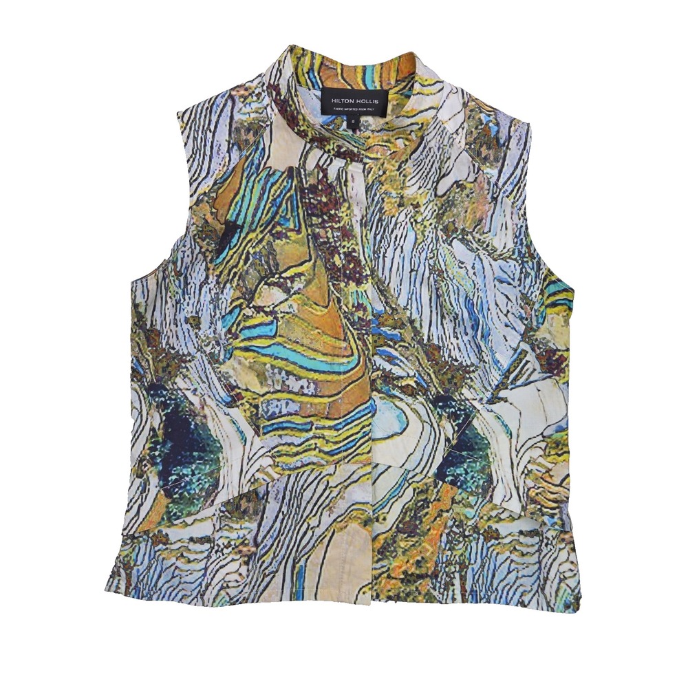 HILTON HOLLIS Abstract Landscape Sleeveless Mandarin Collar Blouse Italy Size S